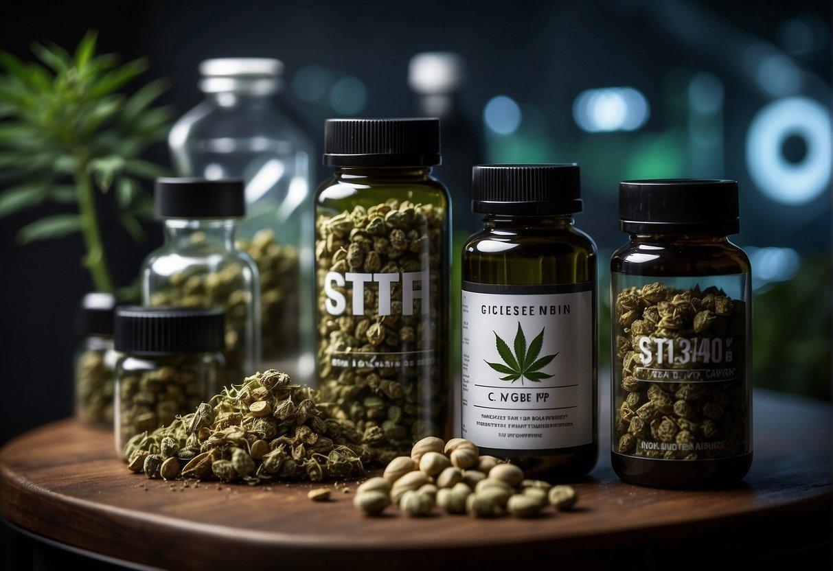 Various cannabis products arranged on a scale with labeled weights and measures, futuristic packaging and technology in the background