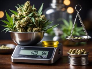 A scale with labeled weights, packaging materials, and a sign displaying marijuana selling regulations