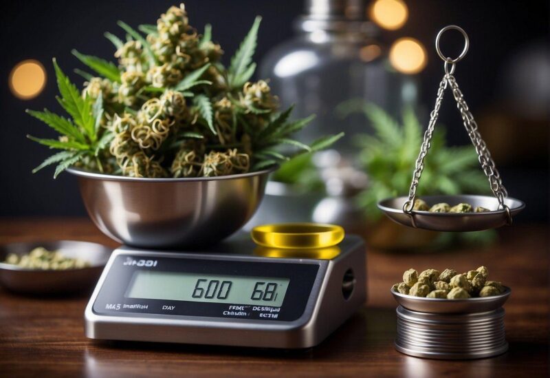 A scale with labeled weights, packaging materials, and a sign displaying marijuana selling regulations