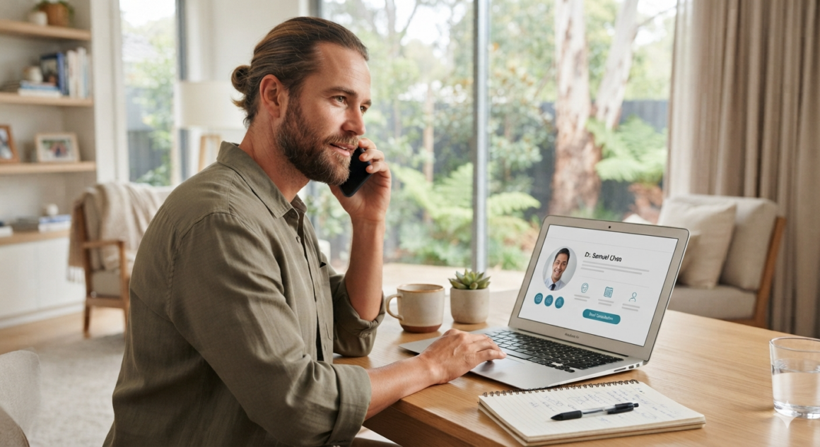 Patient having an online alternative doctor consultation through telehealth in Australia.