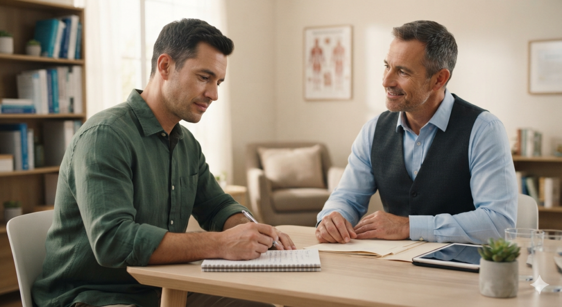 Patient asking questions during an alternative healthcare telehealth consultation.
